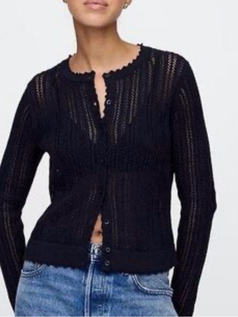 GAP Cardigan Women XS Navy Blue Linen Blend Pointelle Knit Button Front - Picture 5 of 5
